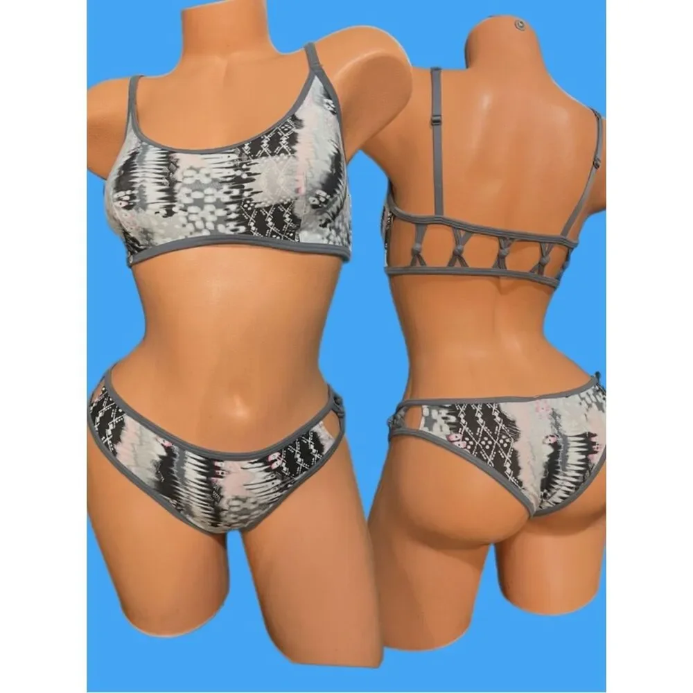 Victoria’s Secret Set sexy Strappy cotton unlined bralette bra & panty gray M